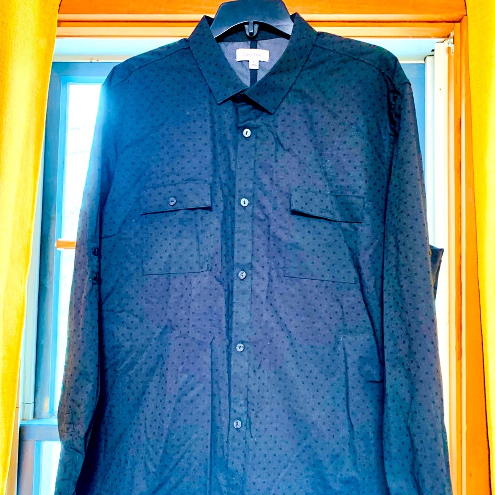 Calvin Klein Black polka dot button down Long-sleeve shirt ribbed pockets NWOT
